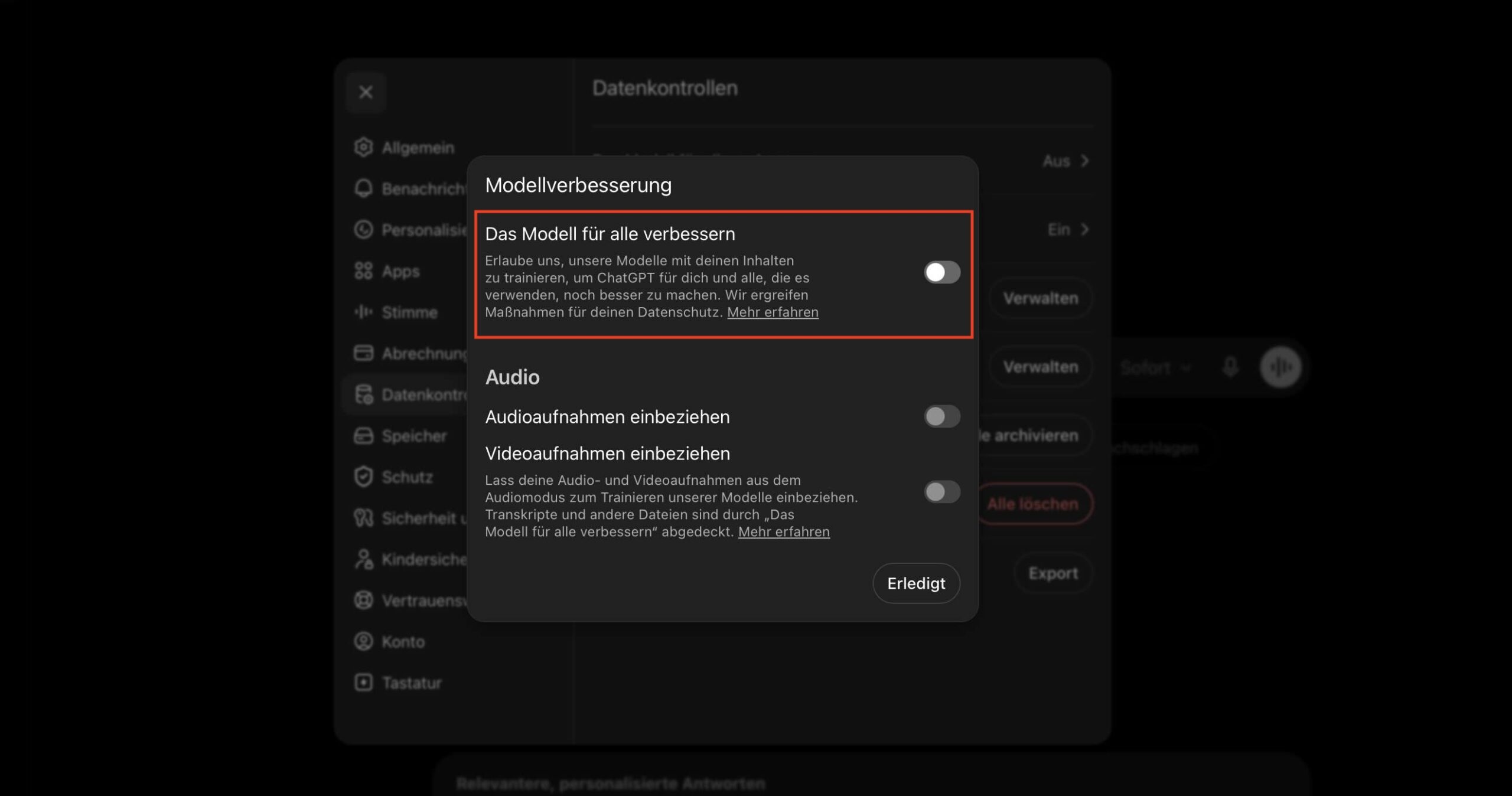 Wer ChatGPT sicher nutzen will, muss die Modellverbesserung deaktivieren